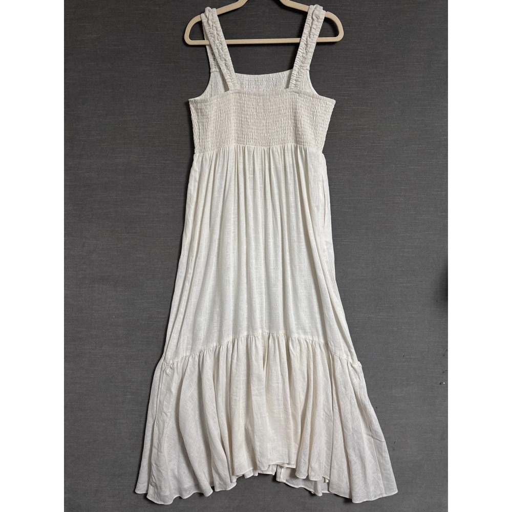 Chelsea 28 Dress L Cream Linen Blend Smocked Tiered Maxi Boho Minimalist Beach - Picture 2 of 12